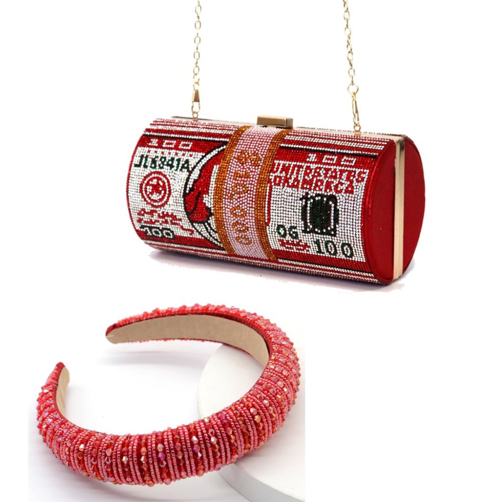 2 Pieces Set Rhinestone US Dollar Purse Evening Handbags Wedding Dinner Bag
